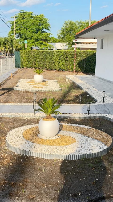 Front walk with a potted sago palm centred in a round white and gold pebble bed