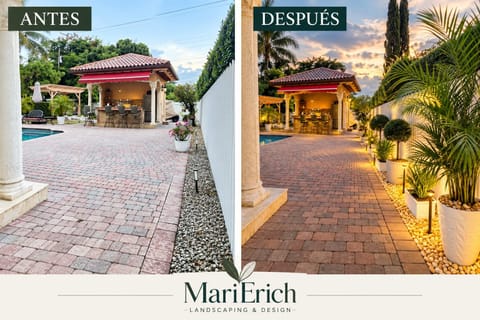 Before and after: the pool terrace by day, then the gazebo walk framed by lit palms at sunset