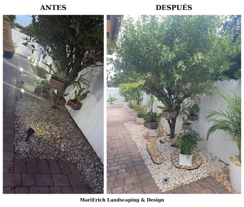 Before and after: an overgrown gravel strip, then the finished pebble spirals and hanging baskets in daylight