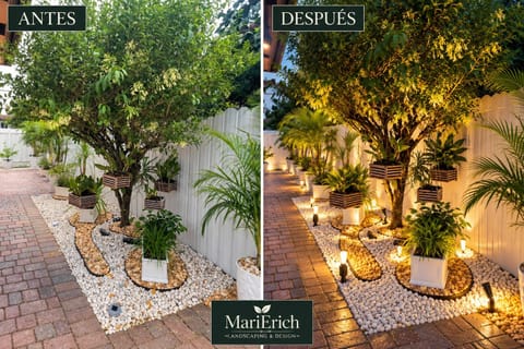 Before and after: the pebble garden in daylight, then the same tree and spirals glowing under path lights