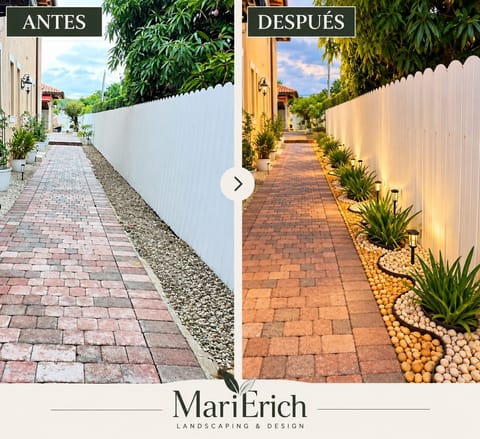 Before and after: the bare paver walkway, then the same path at dusk with lit pebble beds and plantings